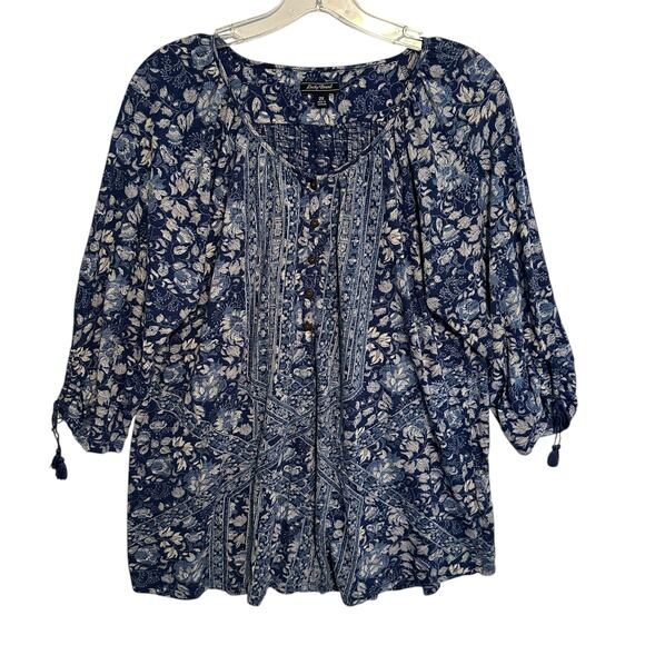 Lucky Brand Peasant Top 2X Blue Mixed Floral Boho - Picture 2 of 9